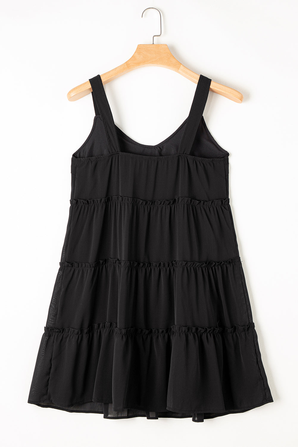 Black Button V Neck Frilly Tiered Sleeveless Dress