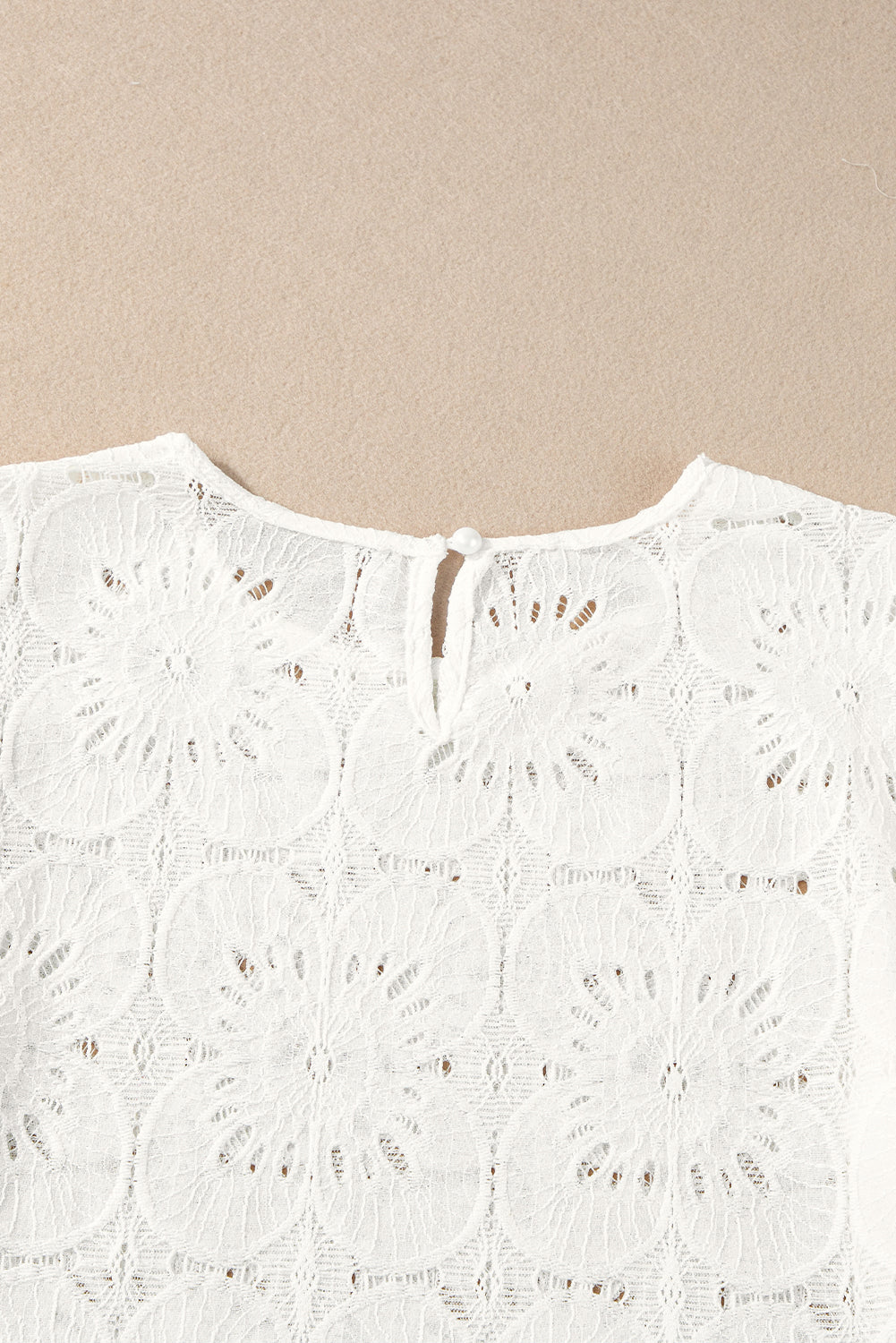 White Flower Eyelet Jacquard Keyhole Flounce Sleeve Top