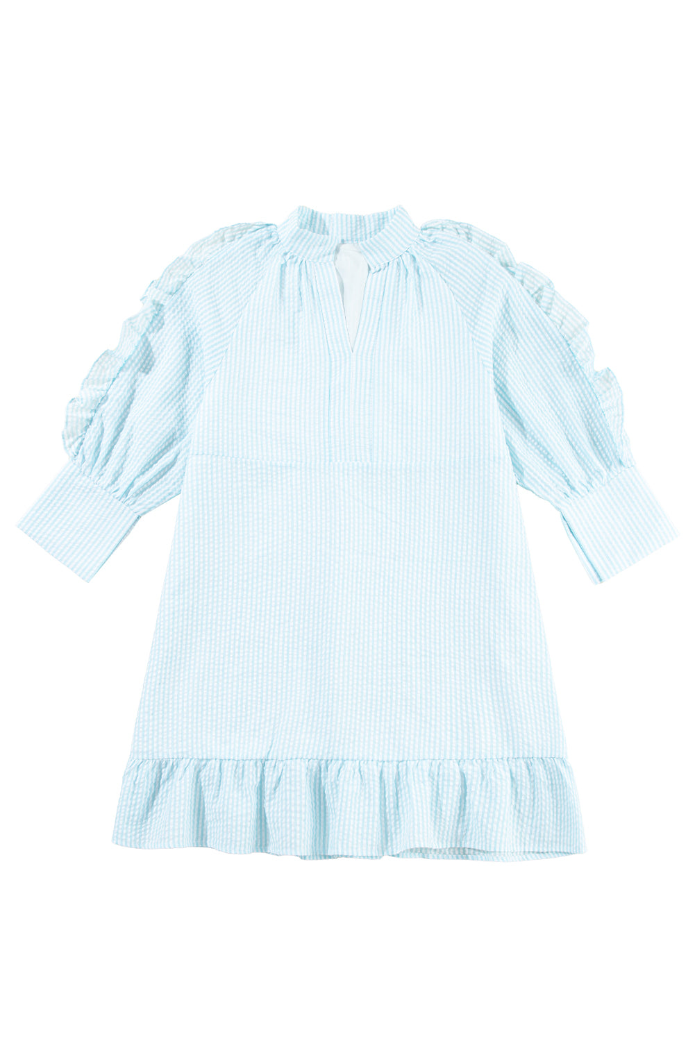 Myosotis Seersucker Ruffled Puff Sleeve Stand Neck Mini Dress