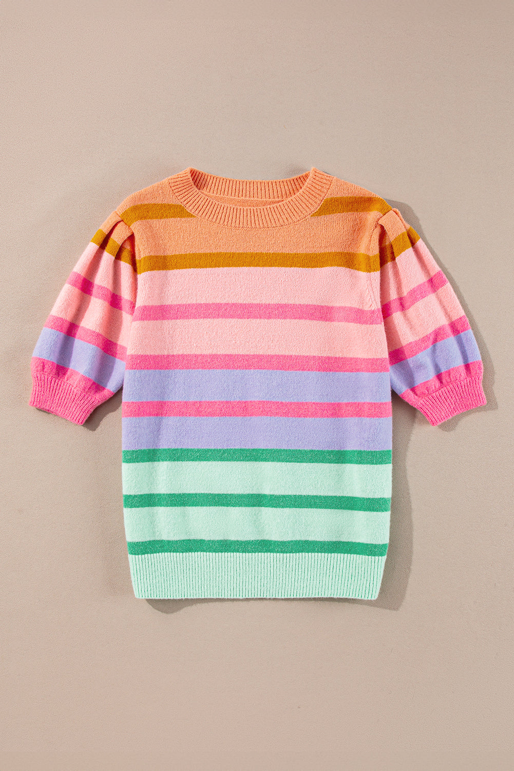 Rose Red Colorful Stripe Bubble Short Sleeve Sweater