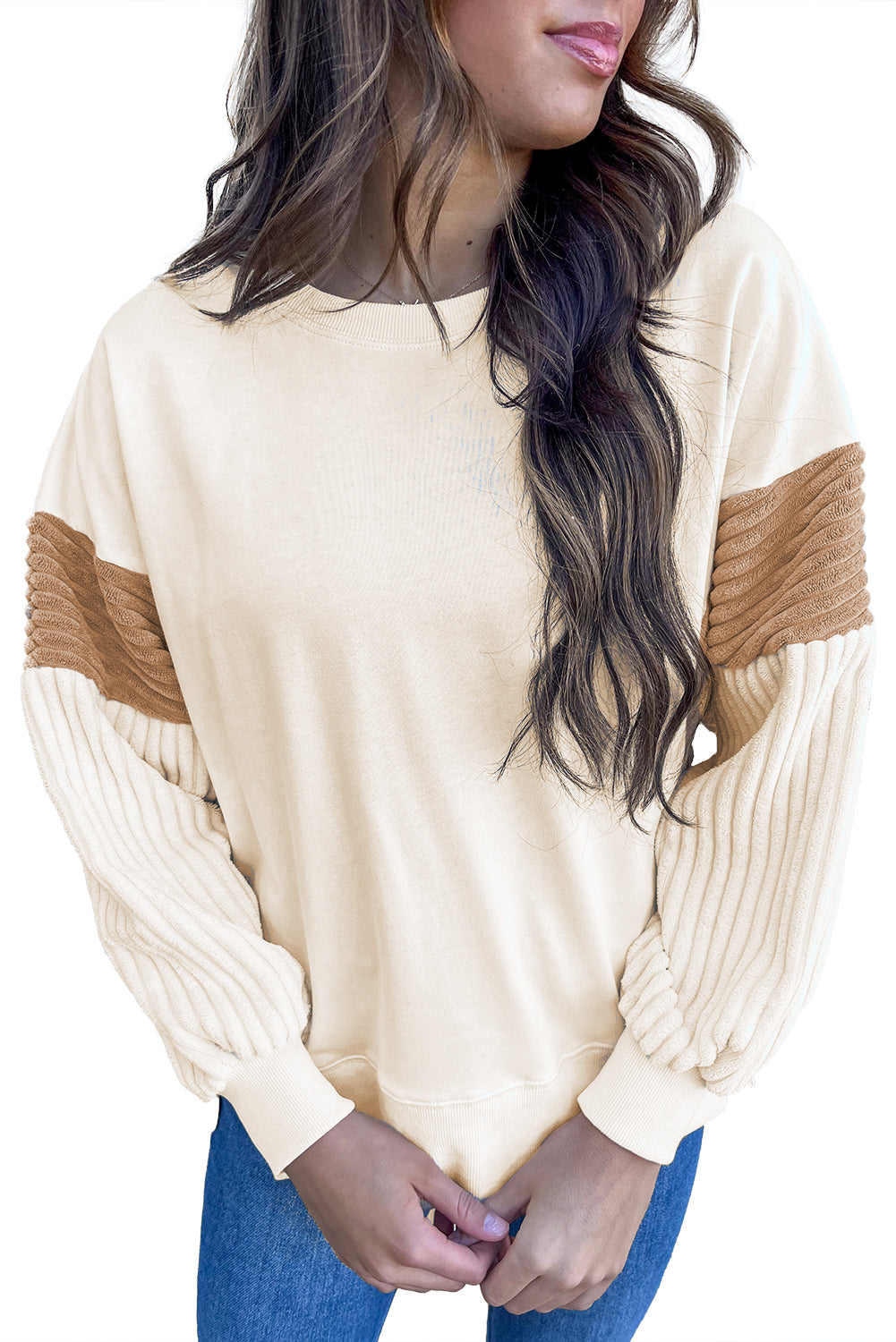 Apricot Corduroy Patchwork Drop Shoulder Long Sleeve Sweatshirt