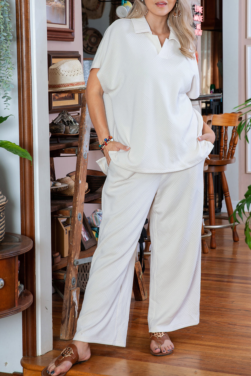 Beige Plus Size Textured Collared Top and Pants Set