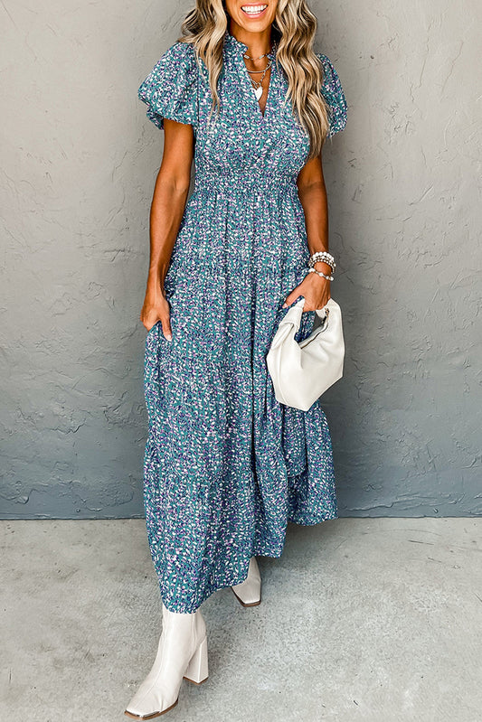 Blue Printed Short Puff Sleeve Maxi Dress