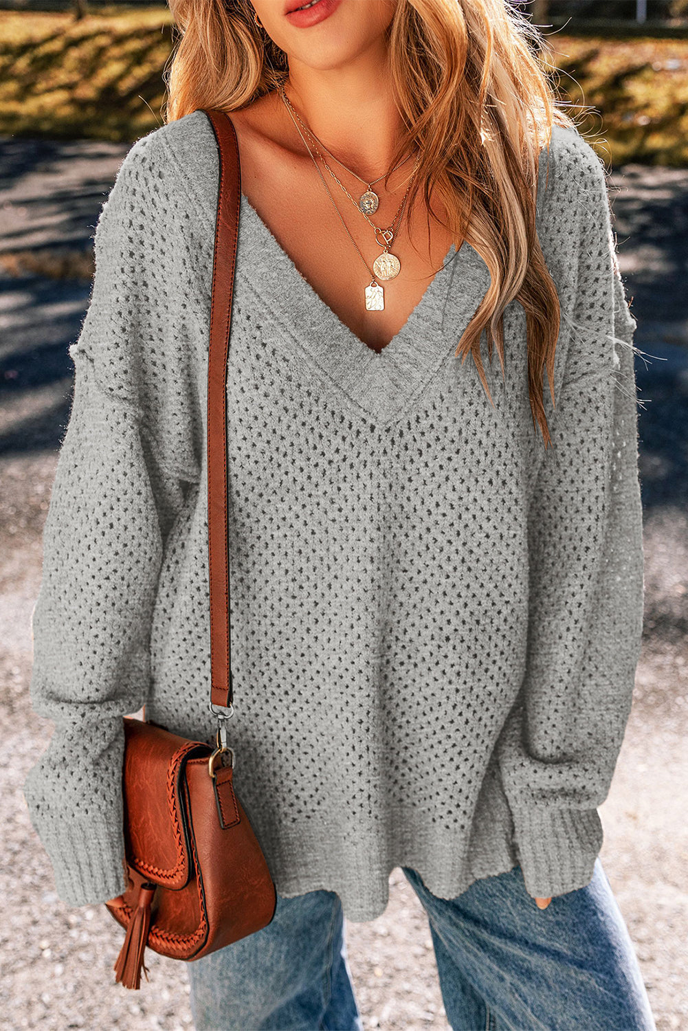 Parchment Loose Eyelet V Neck Drop Shoulder Sweater