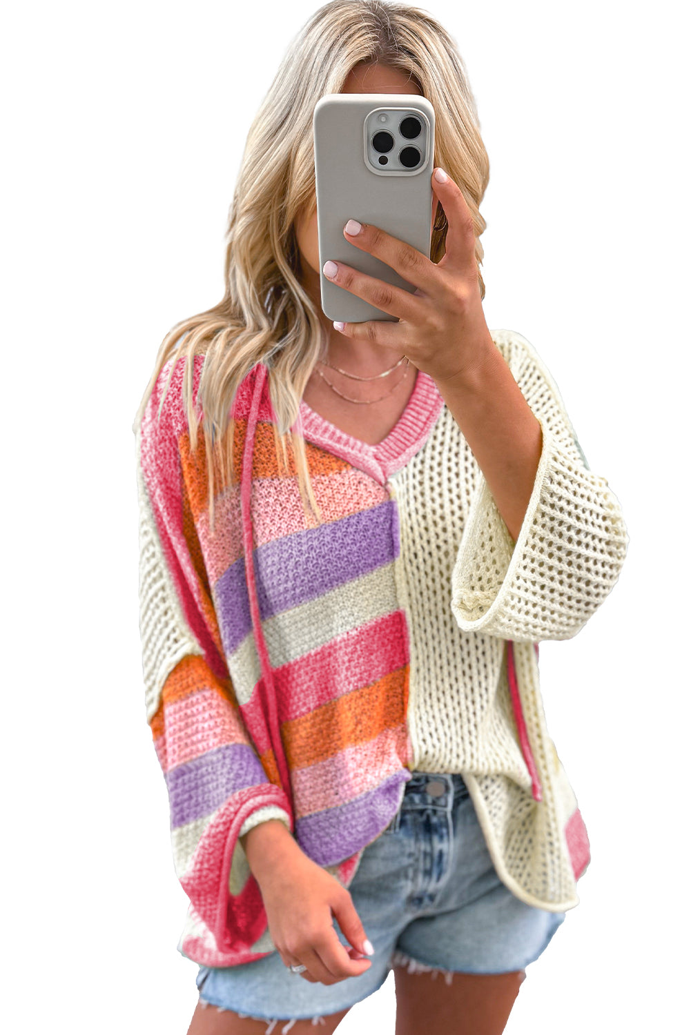 Pink Oversized Colorblock V Neck Hooded Sweater