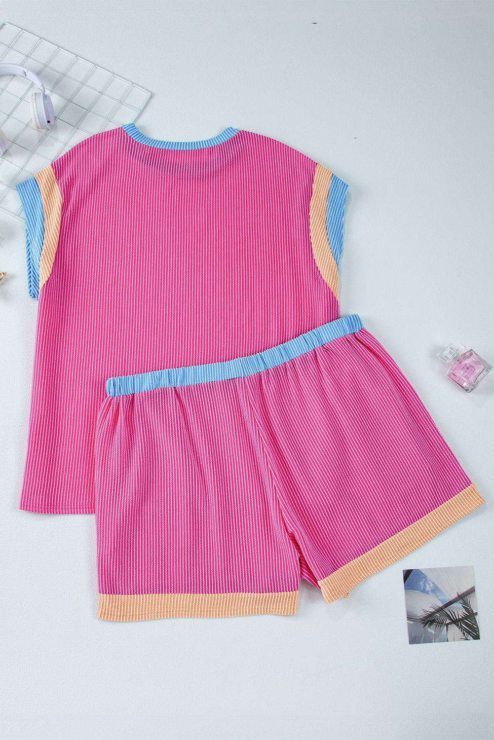 Bright Pink Textured Knit Contrast Trim Plus Shorts Set