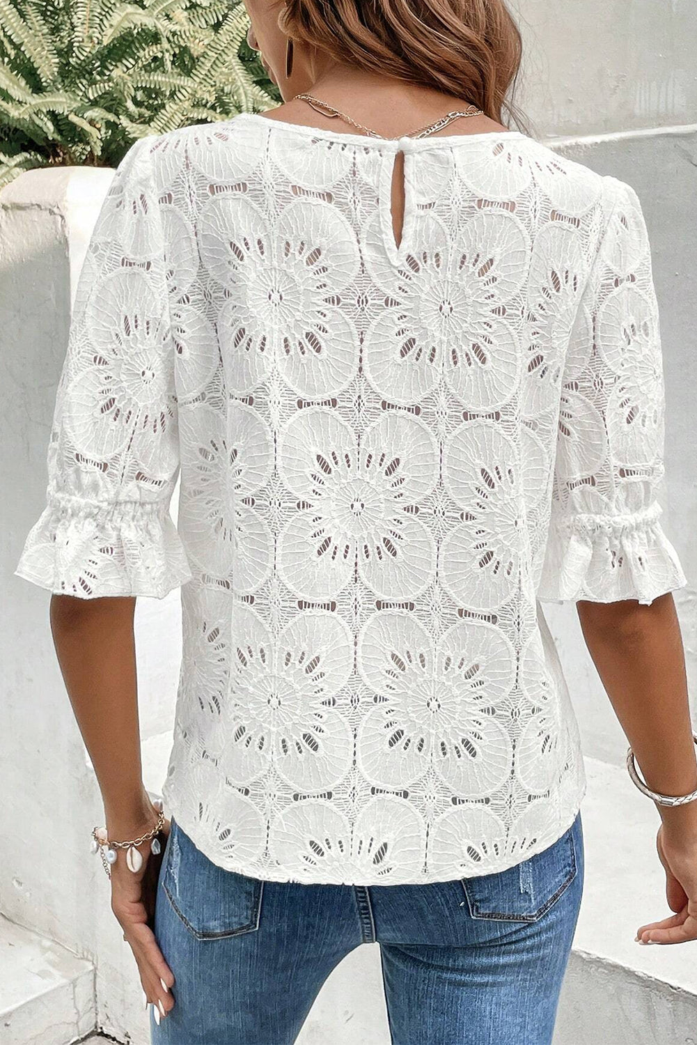 White Flower Eyelet Jacquard Keyhole Flounce Sleeve Top