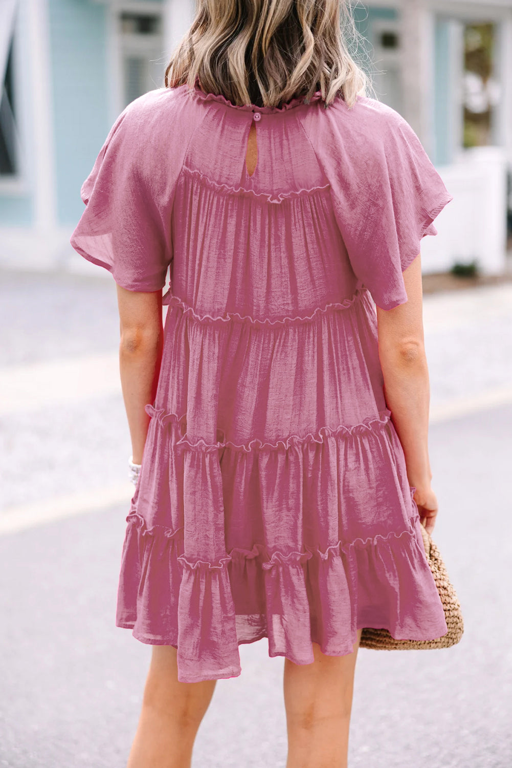 Rose Red Short Sleeve Tiered Frilly Mini Dress