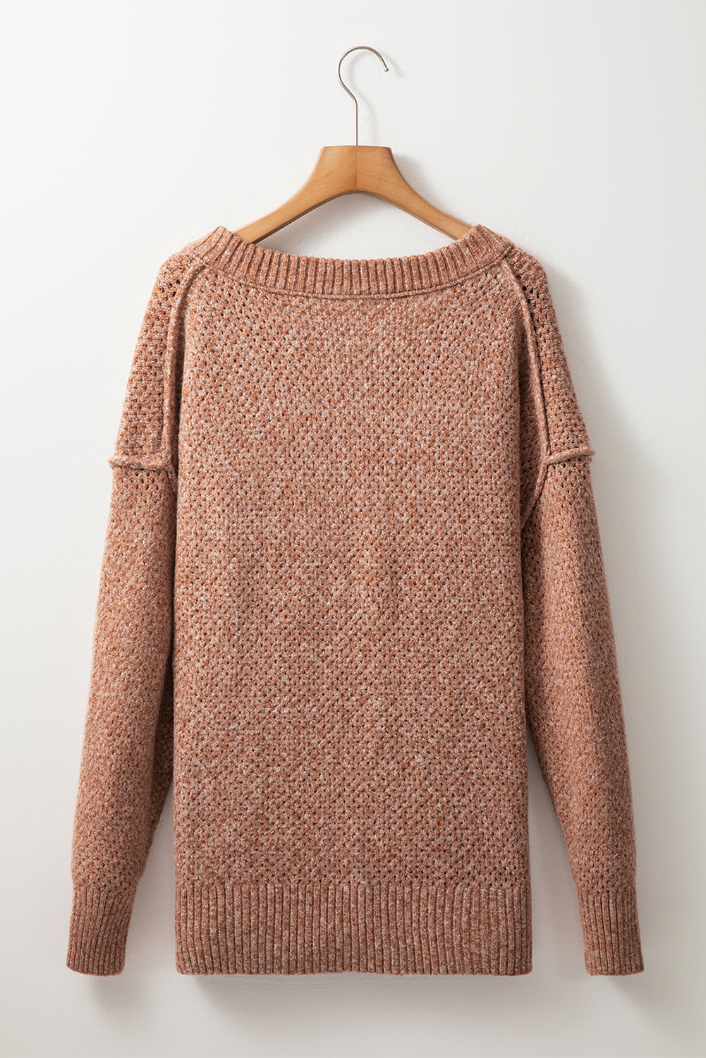 Parchment Loose Eyelet V Neck Drop Shoulder Sweater