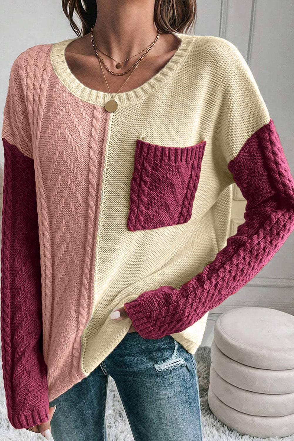 Gold Flame Colorblock Patched Pocket Drop Shoulder Sweater