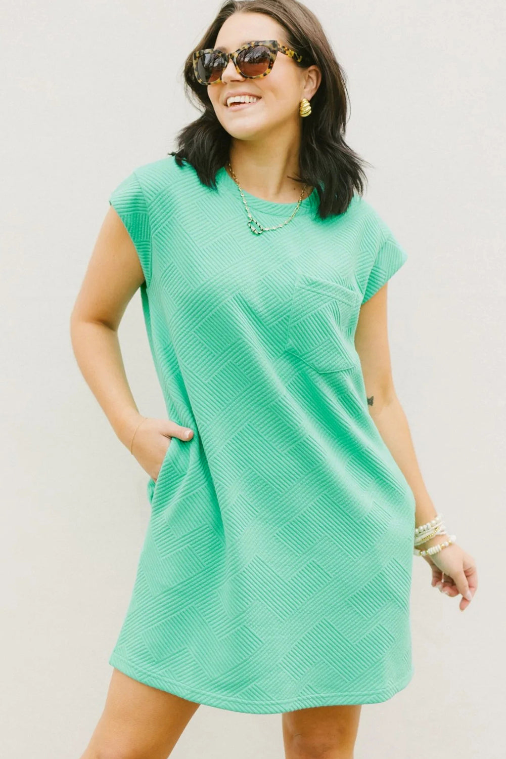 Mint Green Textured Cap Sleeve T Shirt Dress