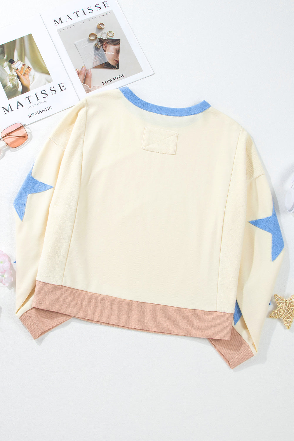 Beige Star Patchwork Exposed Seam Oversized Sweatshirt