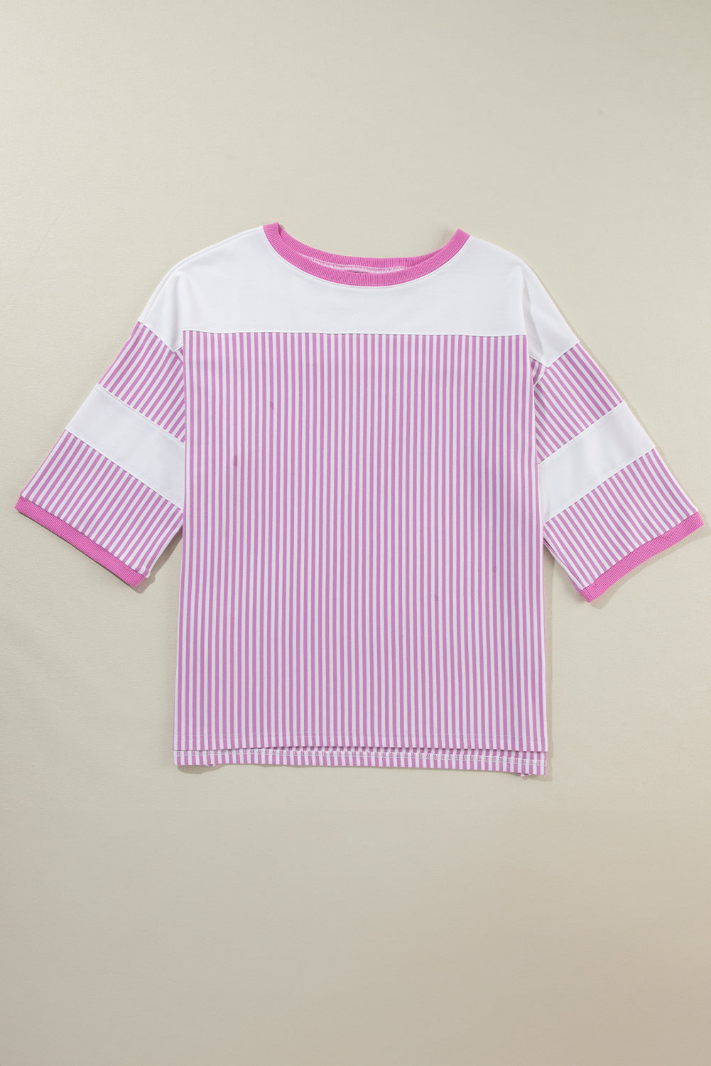 Pink Stripe Patchwork Bracelet Sleeve Plus Size T Shirt