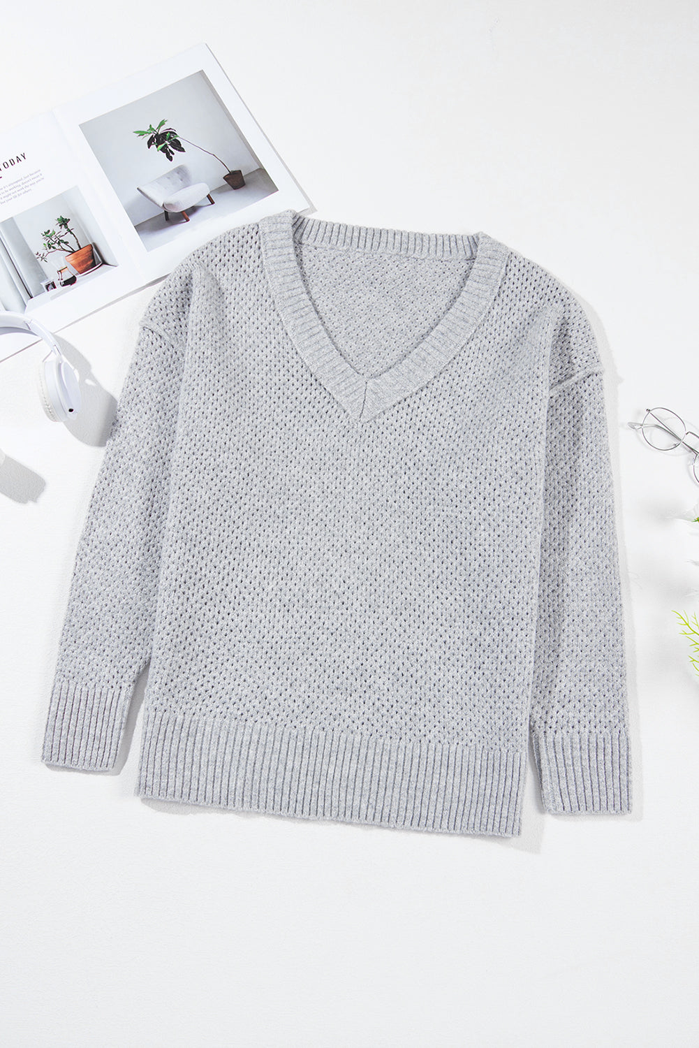 Parchment Loose Eyelet V Neck Drop Shoulder Sweater