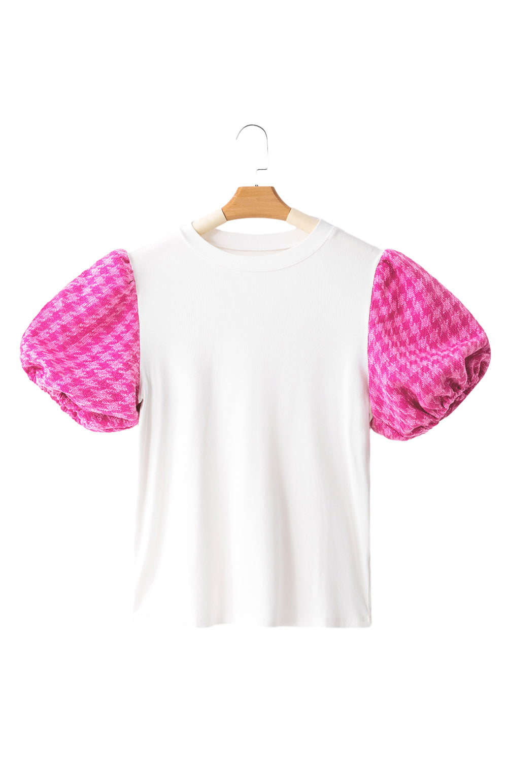 White Contrast Tweed Puff Sleeve Top