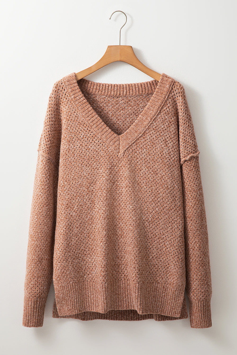 Parchment Loose Eyelet V Neck Drop Shoulder Sweater